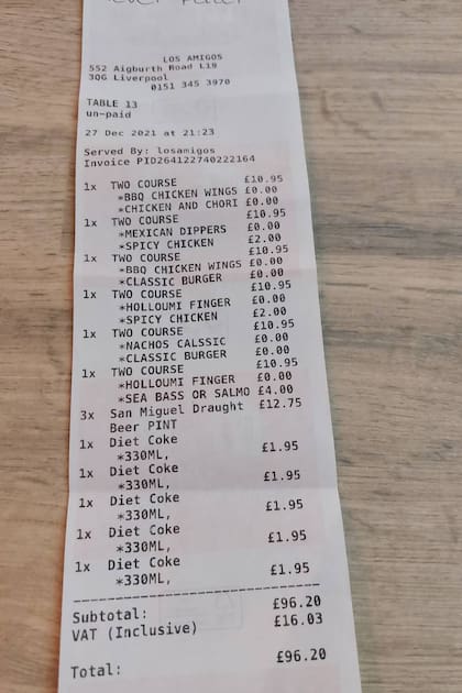 El detalle de todo lo que consumieron los cuatro parroquianos que se fueron sin pagar de Los Amigos en la tardenoche del 27 de diciembre pasado