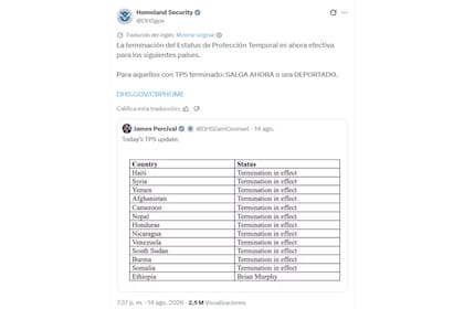 El DHS aseguró que las personas que tienen TPS de estos países, debían autodeportarse