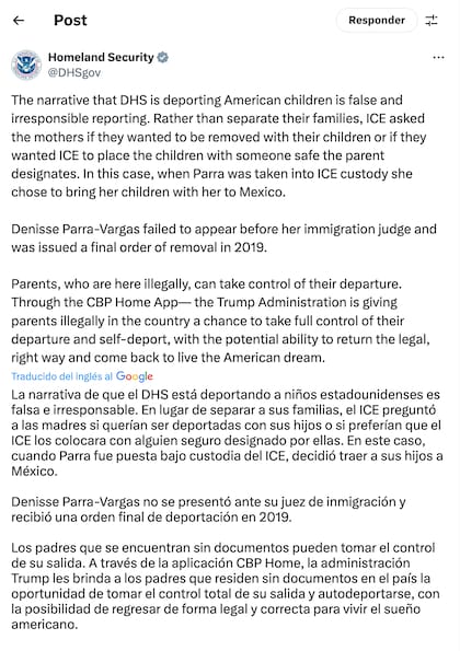 El DHS declaró que fue la propia Denisse quien decidió llevar consigo a los niños en su proceso de deportación. (Foto: Captura de pantalla)