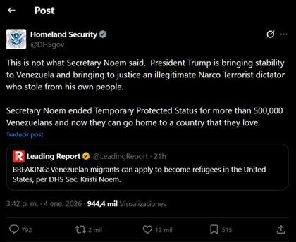 El DHS desmiente a Kristi Noem