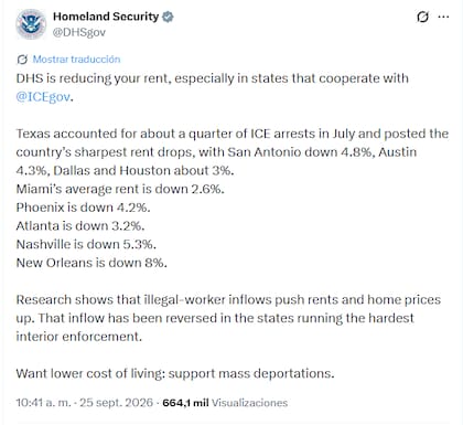 El DHS publicó en sus redes sociales que los arrestos de migrantes estaban relacionados con la disminución del canon de los alquileres