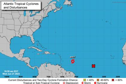 El diagrama muestra la ubicación de la tormenta tropical Bret en las primeras horas del 21 de junio