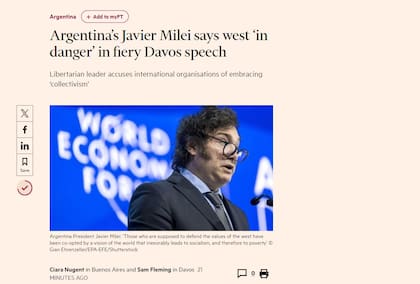El diario Financial Times también mencionó el paso de Milei por Davos