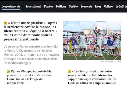 El diario Le Mond de Francia tras la victoria de los galos por 2 a 0 ante Marruecos.