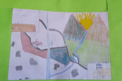 El dibujo con el que Lautaro ganó el premio muestra los ocho kilómetros de recorrido que hacía en su burrito desde Pajanguillo para llegar a la escuela Nº 21, ubicada en Punta de Balasto, Catamarca