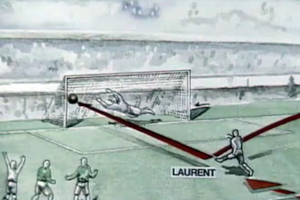El dibujo del primer gol de la historia de los mundiales. Lucien Laurent marca el 1 a 0 de Francia sobre México, el 13 de julio de 1930 en el estadio de Pocitos