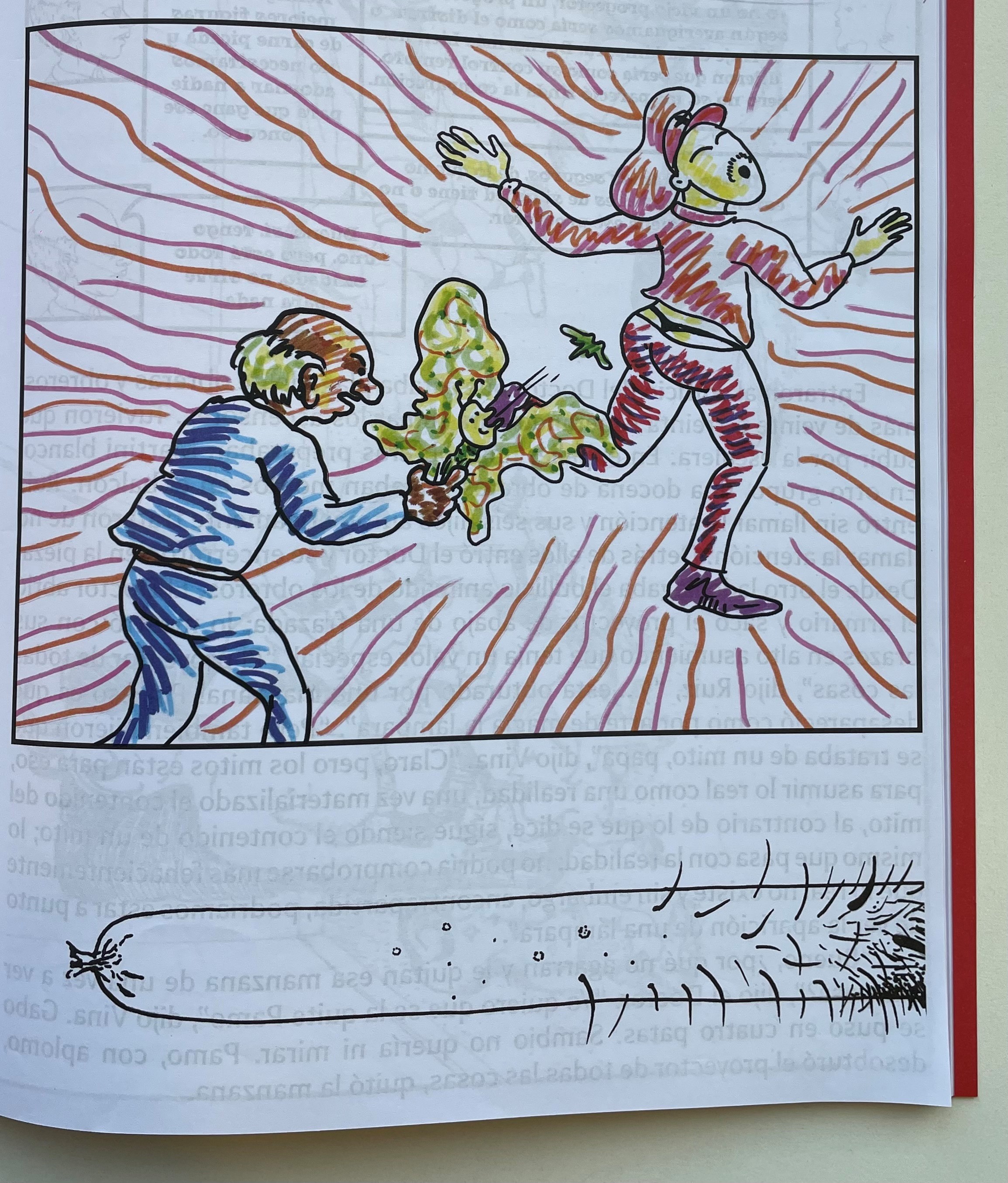 El dibujo que acompaña el texto donde se lee: “Ibuprofeno estaba en piyama y sin sus anteojos disparándole por el culo a un policía con una mariposa fluorescente”