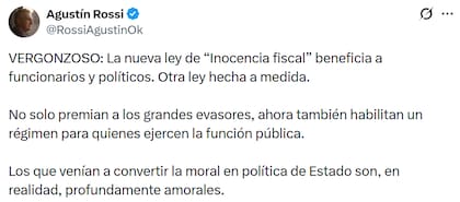 El diputado peronista Agustín Rossi dijo que el proyecto es "vergonzoso" y "hecho a medida"