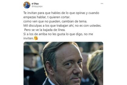 Luego de abandonar la entrevista, El Dipy hizo su descargo en Twitter: "Mil disculpas, si no les gusta lo que digo no me inviten"