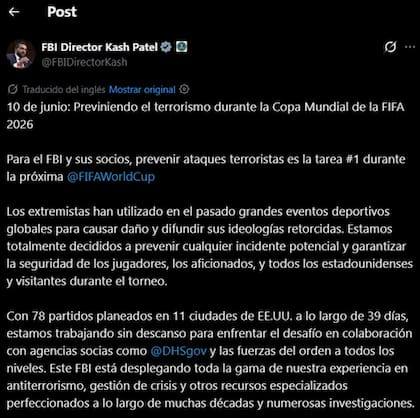 El director del FBI anticipa los operativos de seguridad durante el Mundial 2026