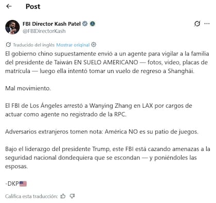 El director del FBI anunció el arresto de una acusada de espionaje para el gobierno chino en California