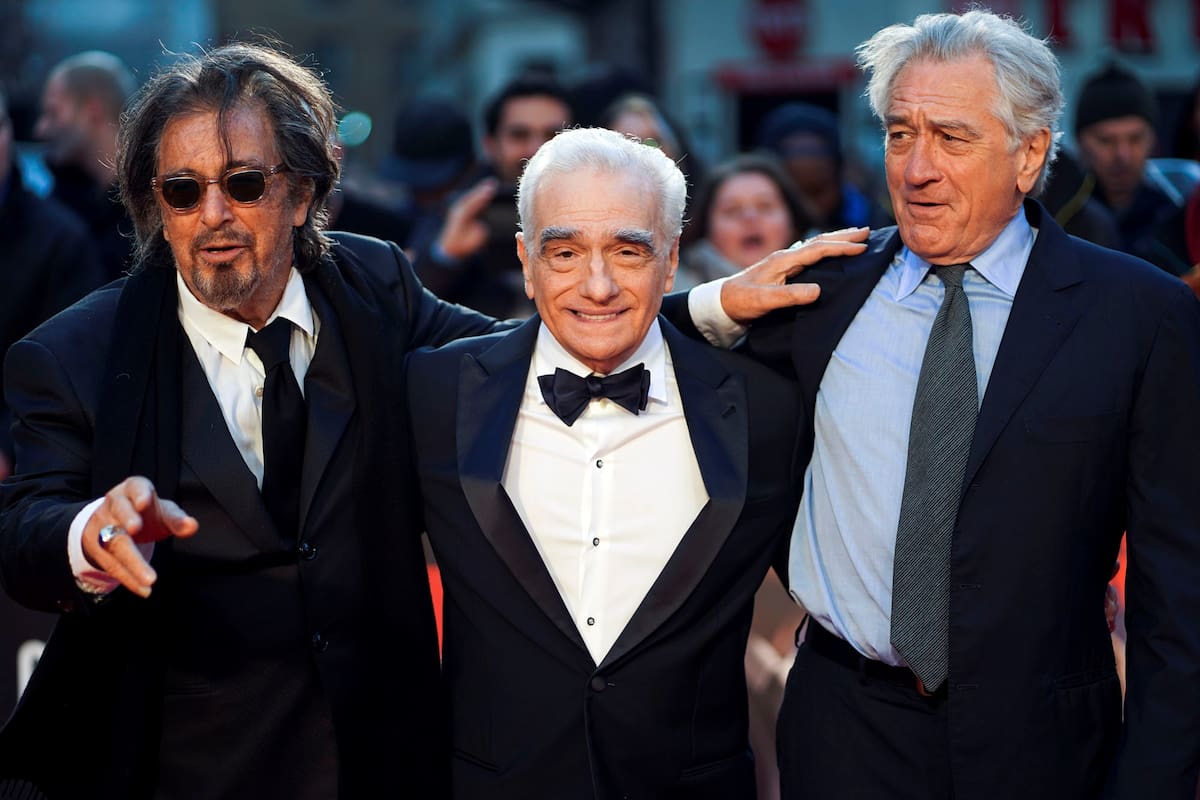 El director Martin Scorsese con Al Pacino y Robert De Niro ene la presentación de El Irlandés en Londres
