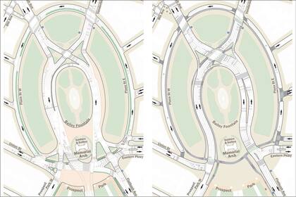 El diseño actual de Grand Army Plaza (izquierda) y la propuesta del DOT (derecha)