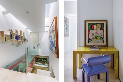 Esta casa está llena de detalles que sorprenden, como la biblioteca cuyas formas geométricas parecen ondularse a lo largo de la pared, o el escritorio secreto color ocre, perfecto para cuando se necesita tranquilidad extra durante el homeoffice.