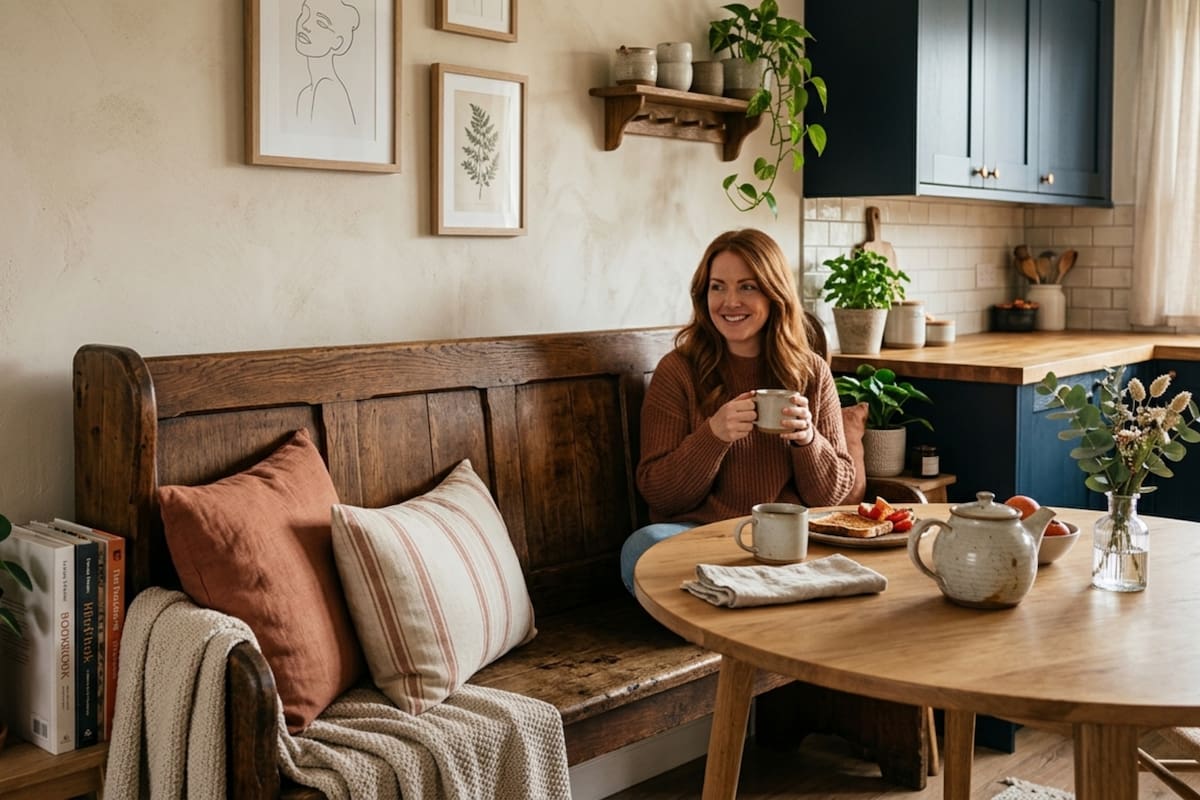 El diseño de interiores recupera los bancos corridos para optimizar el espacio, ganar confort y sumar áreas de guardado en las casas modernas (Foto: IA)