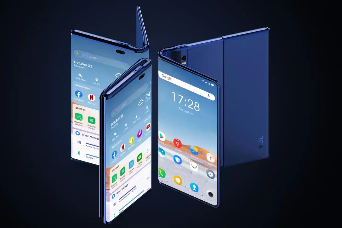 El diseño de TCL es el de una pantalla que tiene un pliegue, y un borde que queda oculto dentro del teléfono y se despliega a voluntad