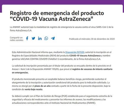 El documento de la Anmat sobre el registro de la vacuna de Oxford