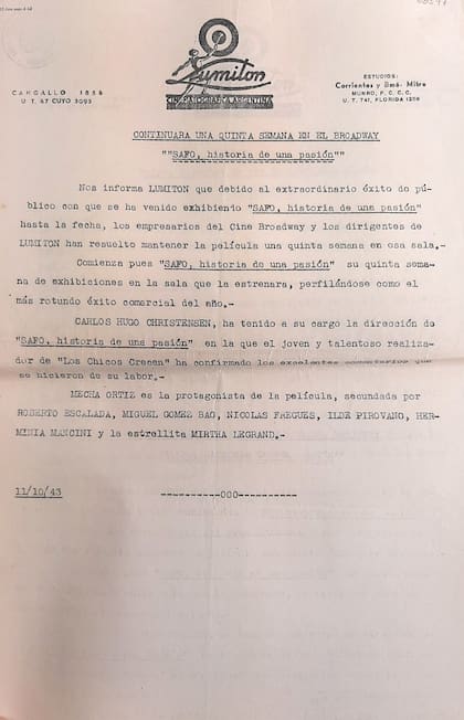 El documento de Lumiton en el que se lee "...la estrellita Mirtha Legrand", quien a los 16 años ya se había ganado un nombre en el cine nacional