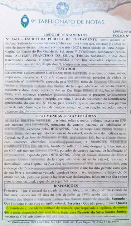 El documento en el que Neymar es el único heredero