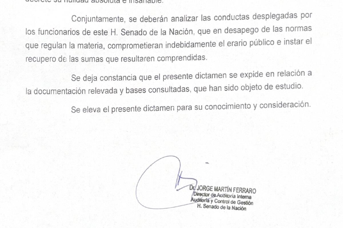El documento, firmado por Ferraro