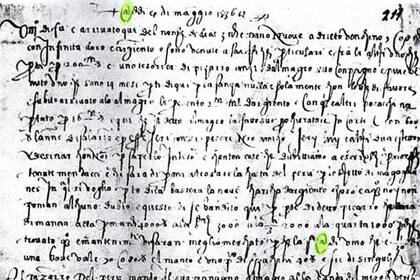 El documento firmado por Francesco Lapi y fechado el 4 de mayo de 1536; en el mismo se usa la @ para indicar la fecha, y también para determinar una unidad de medida ("una @ de vino, que es un 1/13 de barril")