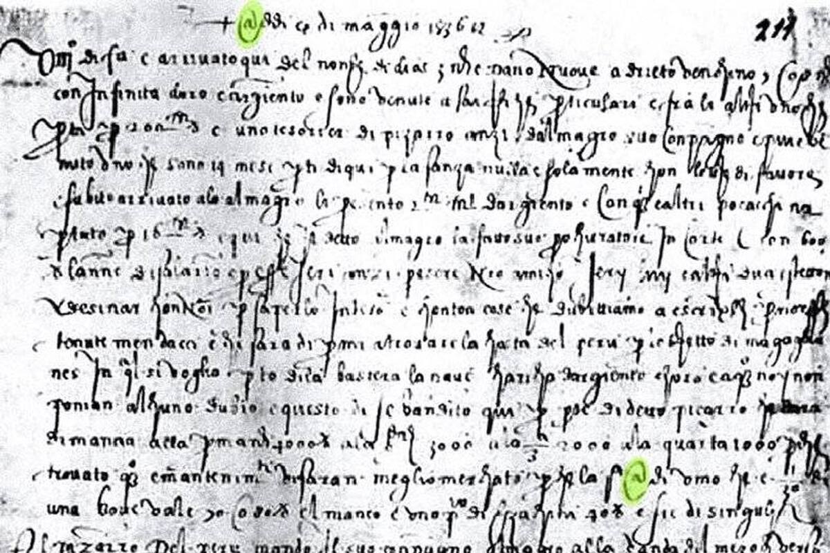 El documento firmado por Francesco Lapi y fechado el 4 de mayo de 1536; en el mismo se usa la @ para indicar la fecha, y también para determinar una unidad de medida ("una @ de vino, que es un 1/13 de barril")