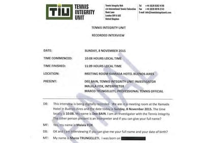 El documento oficial que registra la entrevista grabada que una investigadora de la TIU le hizo a Trungelliti, en Buenos Aires, en noviembre de 2015