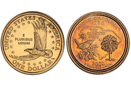 El dólar Sacagawea debía tener en su reverso la imagen de un águila en vuelo. Sin embargo, la pieza salió con el diseño del cuarto de dólar del estado de Carolina del Sur