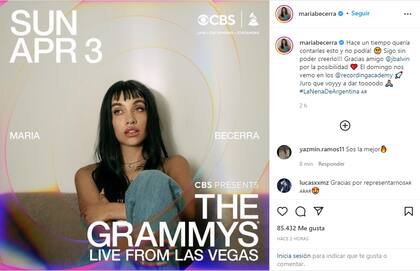 "El domingo nos vemo' en los Grammys", anunció María Becerra en las redes sociales (Foto: Instagram @mariabecerra)