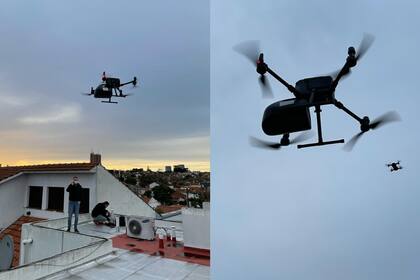 El dron para trasplante de órganos diseñado por la firma argentina H+Trace en una de sus pruebas locales