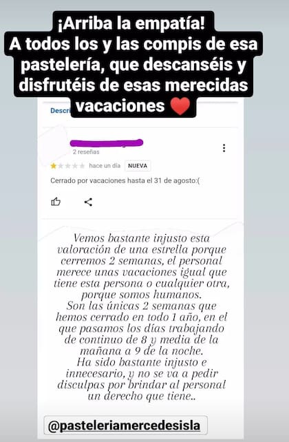 El dueño de la pastelería respondió a la mala reseña de un cliente.