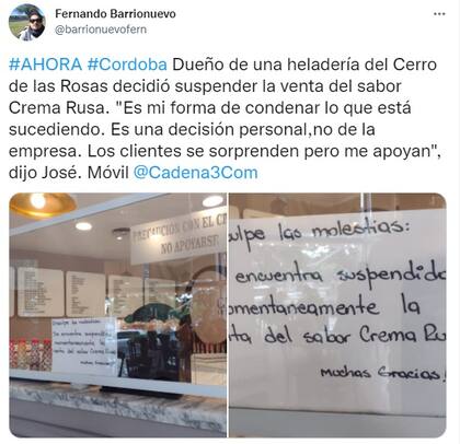 El dueño de una heladería cordobesa decidió suspender la venta del sabor Crema Rusa (Foto: Twitter)