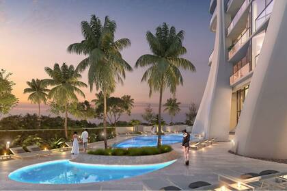 El edificio cuenta con terrazas con piscintas con vistas a Key Biscayne
