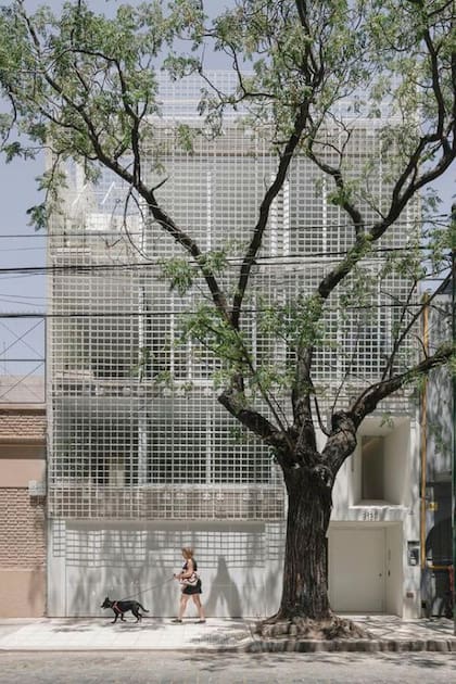 El edificio en Virrey Olaguer y Feliú 3136 agrupa cuatro viviendas y un estudio organizados en dos bloques divididos por un patio.