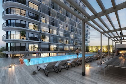 El edificio tiene un diseño de puntas redondeadas y amenities