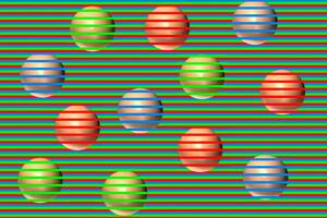 El efecto que producen las líneas azules, rojas y verdes hacen parecer que los cuerpos geométricos fuesen de distinto color