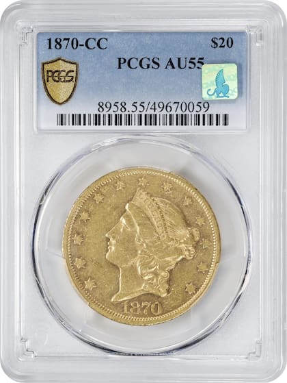El ejemplar fue calificado por PCGS como AU55 debido a los detalles de desgaste que presenta
