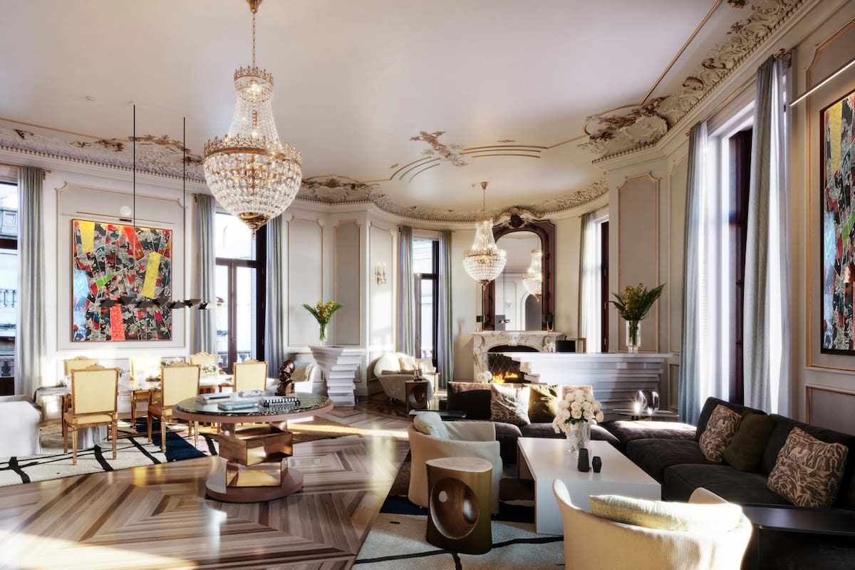 El elegante y moderno lobby del Four Seasons en Madrid, en un edificio antiguo ubicado en un sitio emblemático de la ciudad