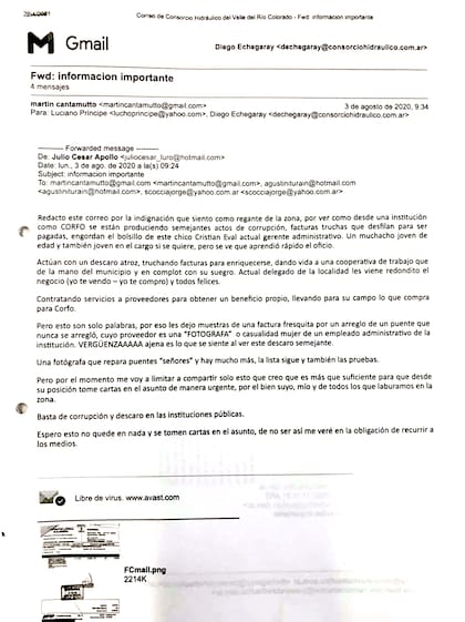 El email anónimo que llegó al Consejo Hidráulico denunciando las facturas truchas en Corfo