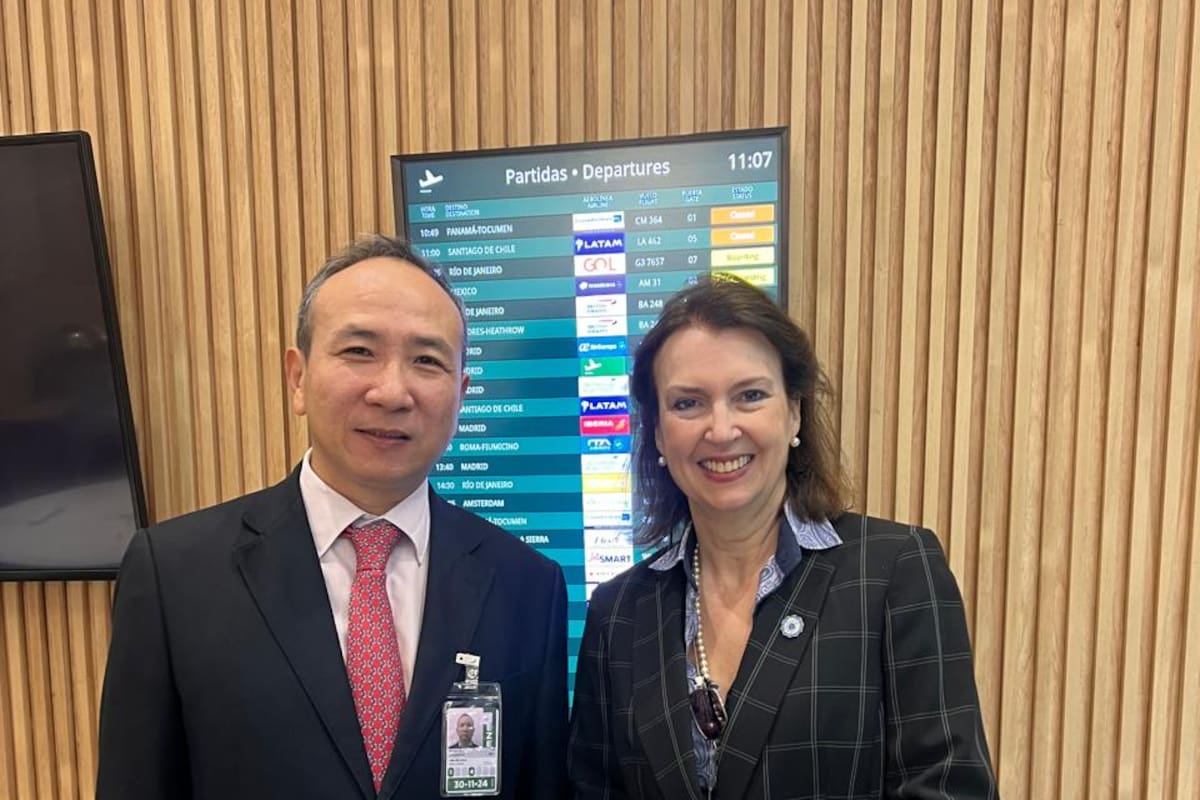 El embajador de China, Wang Wei, despide a la canciller Diana Mondino, en el aeropuerto de Ezeiza