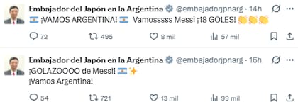 El embajador de Japón celebró el triunfo de la selección argentina (Foto: X @embajadorjpnarg)