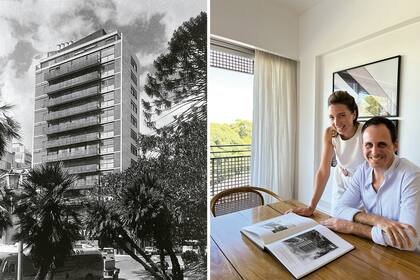 El emblemático edificio se terminó de construir en 1959. A la derecha, detrás del los dueños de casa, cuelgan fotos blanco y negro de la Ville Savoye –la reconocida residencia en Francia diseñada por Le Corbusier– que fueron tomadas por Facundo.