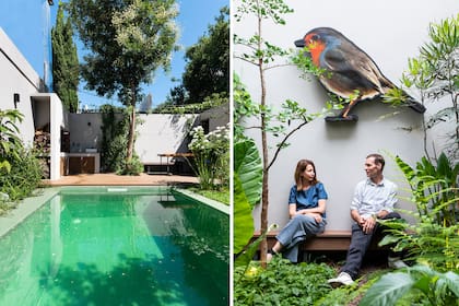 El emblemático pájaro iluminado, obra de Luna Paiva, gran protagonista del jardín del hotel Home, ahora domina la escena del patio interno del hogar.