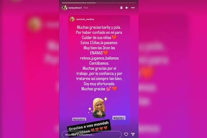 El emotivo mensaje de la empleada que cuidó a las hijas de Barby Silenzi y El Polaco (Foto Instagram @momish_medina)