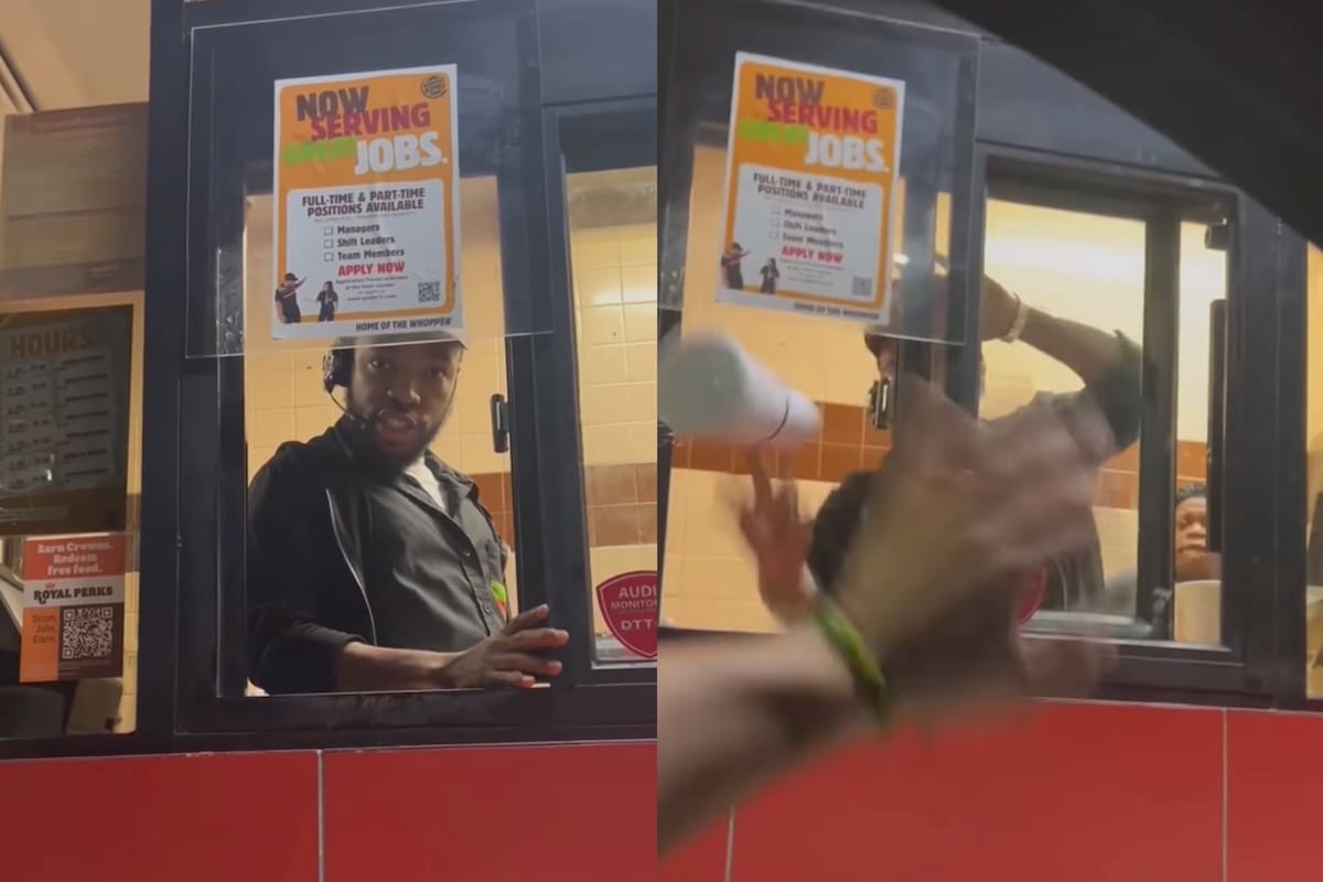 El empleado les lanzó bebidas desde la ventanilla hacia el automóvil