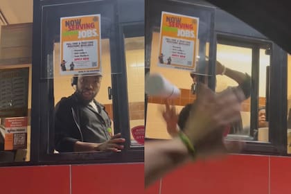 El empleado les lanzó bebidas desde la ventanilla hacia el automóvil