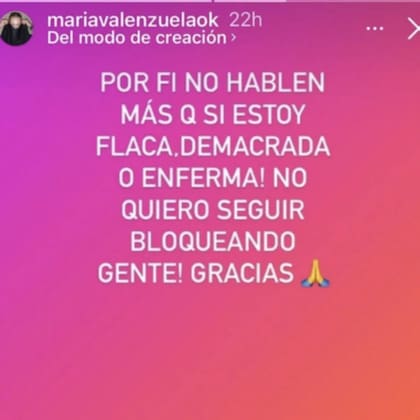 El enojo de María Valenzuela en las redes sociales (Crédito: Instagram/@mariavalenzuelaok)