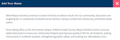 El enunciado con el que la alcaldesa Levine Cava invita a los residentes de Miami-Dade a apoyarla con sus firmas