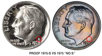 El error del centavo de Roosevelt se puede observar en el anverso con la ausencia de la marca de ceca