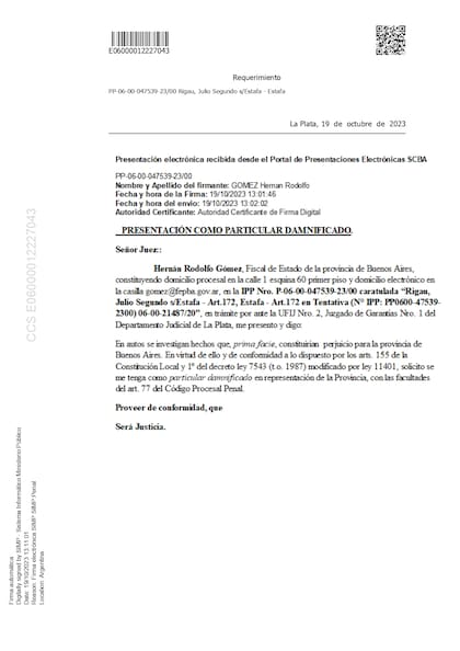 El escrito que presentó Hernán Rodolfo Gómez, fiscal de la provincia de Buenos Aires